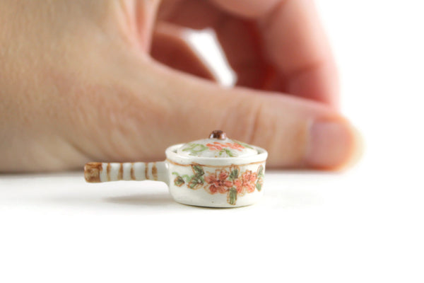 Vintage 1:12 Miniature Dollhouse White & Pink Floral Porcelain Saucepot