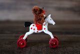 Vintage 1:12 Miniature Dollhouse Wooden Toy Horse on Wheels with Teddy Bear