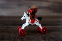 Vintage 1:12 Miniature Dollhouse Wooden Toy Horse on Wheels with Teddy Bear