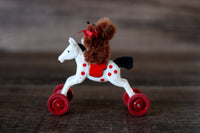 Vintage 1:12 Miniature Dollhouse Wooden Toy Horse on Wheels with Teddy Bear