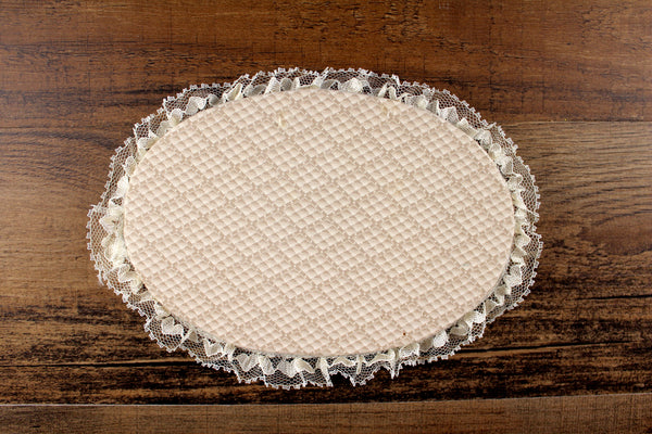 Vintage Miniature Dollhouse Oval Beige & Taupe Printed Area Rug with Lace Trim