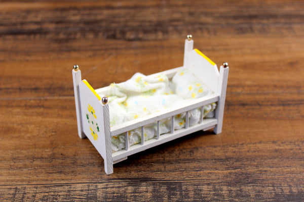 Vintage 1:12 Miniature Dollhouse White & Yellow Baby Crib