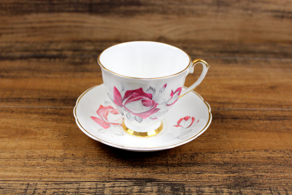Vintage Windsor China White & Pink Rose Floral Porcelain Teacup & Saucer Set