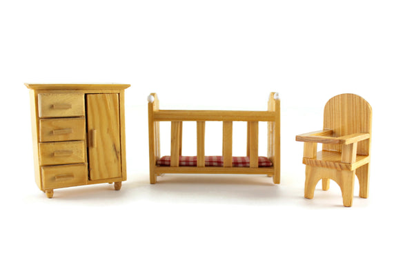 Vintage 1:12 Miniature Dollhouse 3 Piece Baby Furniture Set with Crib, Armoire & High Chair