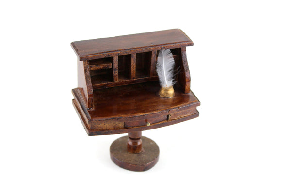 Vintage 1:12 Wooden Dollhouse Writing Desk with Inkwell & Feather Quill