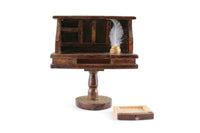 Vintage 1:12 Wooden Dollhouse Writing Desk with Inkwell & Feather Quill