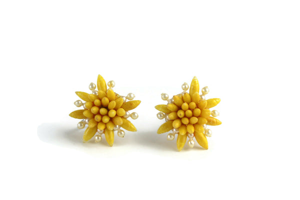Vintage Yellow & White Celluloid Flower Screw Back Earrings