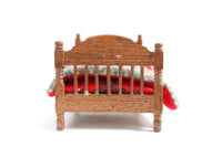 Vintage 1:12 Miniature Dollhouse Wooden Bed with Red Plaid Bedding