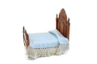 Vintage 1:12 Miniature Dollhouse Wooden Gothic-Style Bed with Blue Bedding