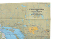 Vintage 1973 National Geographic Double-Sided Close-Up USA Great Lakes Wall Map of Wisconsin & Michigan