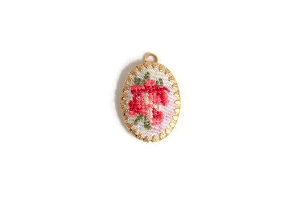 Vintage Petit Point Needlepoint Flower Pendant or Charm