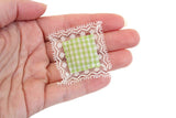 Vintage 1:12 Miniature Dollhouse Green & White Gingham Lace Trim Throw Pillow