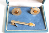 Vintage Gold & Tiger's Eye Cuff Link & Tie Clip Set