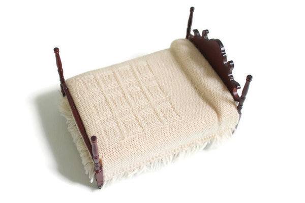 Artisan-Made Vintage 1:12 Miniature Dollhouse Wooden Bed with Beige Knit Blanket