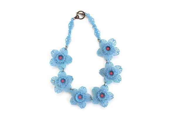 Vintage Periwinkle Blue & Pink Celluloid Flower Necklace