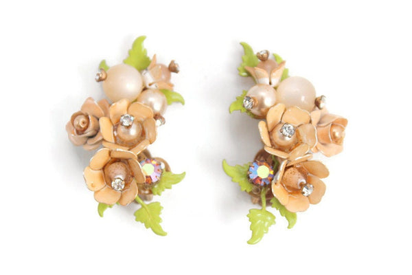 Vintage Peach Rhinestone Flower Clip-On Earrings