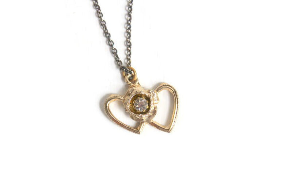 Vintage Gold & Rhinestone Double Heart Charm Necklace