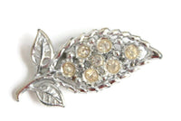 Vintage Silver & Clear Rhinestone Leaf Brooch