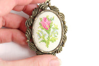 Vintage Petit Point Needlepoint Rose Necklace