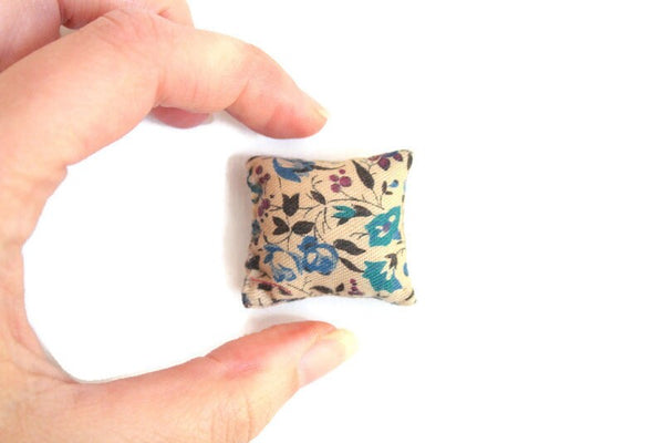 Vintage 1:12 Miniature Dollhouse Blue & Beige Floral Throw Pillow