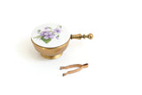 Vintage Brass & Floral Print Salt Cellar with Tongs