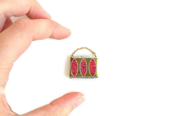 Vintage 1:12 Miniature Dollhouse Pink & Green Purse or Handbag