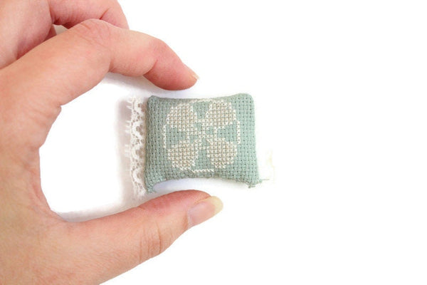 Vintage 1:12 Miniature Dollhouse Green Cross Stitch Throw Pillow