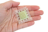 Vintage 1:12 Miniature Dollhouse Green & White Gingham Lace Trim Throw Pillow