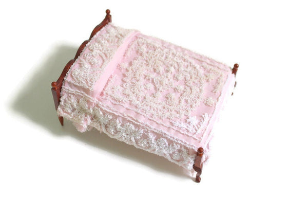 Artisan-Made Vintage 1:12 Miniature Dollhouse Wooden Bed with Pink Bedding