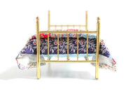 Artisan-Made Vintage Brass 1:12 Miniature Dollhouse Bed with Bedding