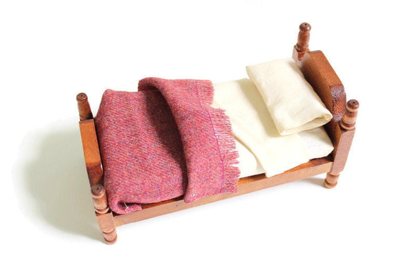 Vintage 1:12 Miniature Dollhouse Wooden Bed with Bedding