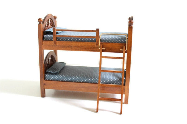 Vintage 1:12 Miniature Dollhouse Wooden Bunk Bed with Blue Bedding & Ladder