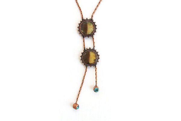 Vintage Copper & Turquoise Blue Rhinestone Dangling Necklace