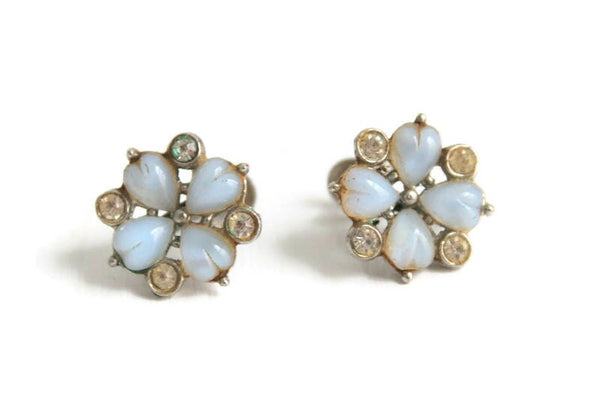 Vintage Pale Blue Rhinestone Flower Screw-Back Earrings