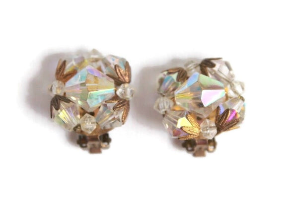 Vintage Aurora Borealis Iridescent Crystal Beaded Clip-On Earrings