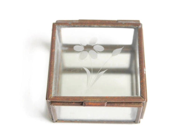 Vintage Etched Glass & Brass Filigree Display or Jewelry Box