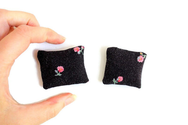 Vintage 1:12 Miniature Dollhouse Set of 2 Black & Pink Floral Throw Pillows
