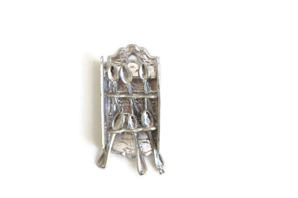 Vintage 1:12 Miniature Dollhouse Silver Metal Wall-Mounted Spoon Rack with Spoons