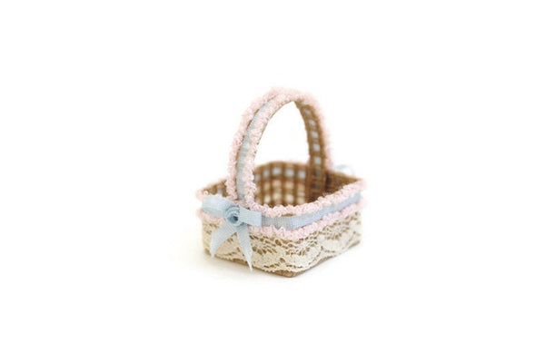 Artisan-Made Vintage 1:12 Miniature Dollhouse Wicker Basket with Pink & Blue Lace Trim