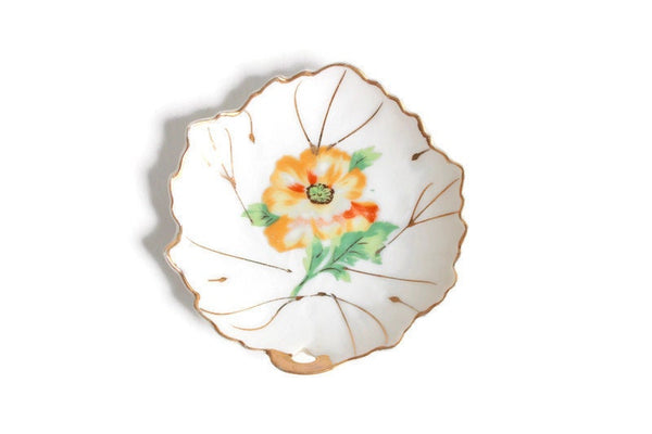 Vintage Orange Flower Leaf-Shaped Porcelain Trinket Dish or Ring Dish