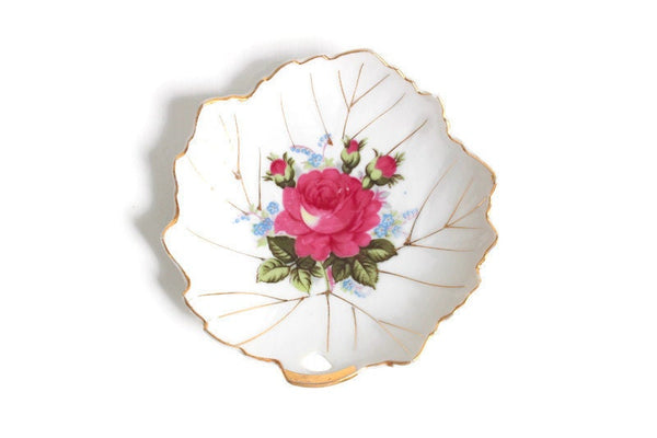 Vintage Pink Rose Leaf Porcelain Ring Dish or Trinket Dish
