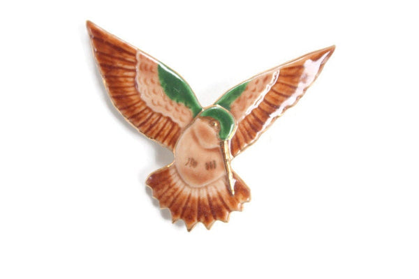 Vintage Ceramic Brown & Green Hummingbird Brooch