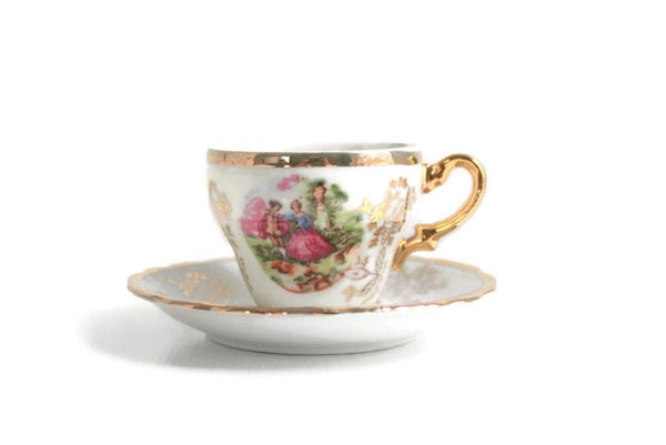 Vintage White & Gold Porcelain Fragonard Demitasse Teacup & Saucer Set