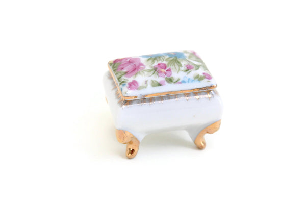 Vintage White & Floral Print Porcelain Trinket Box or Ring Box